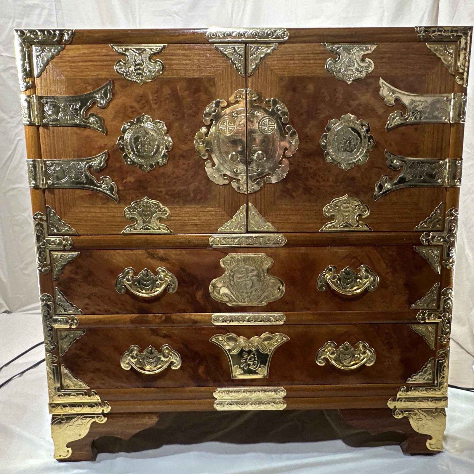 Vintage Asian Burl Wood and Brass Tansu Chest Mid Century 1970's Elegant