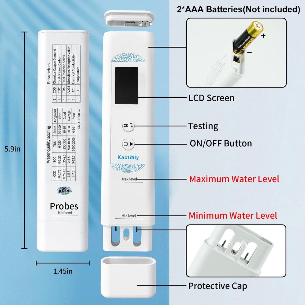 6 in 1 Digital Water Tester for Drinking Water, Lab Grade TOC/COD/EC/UV275/Te...