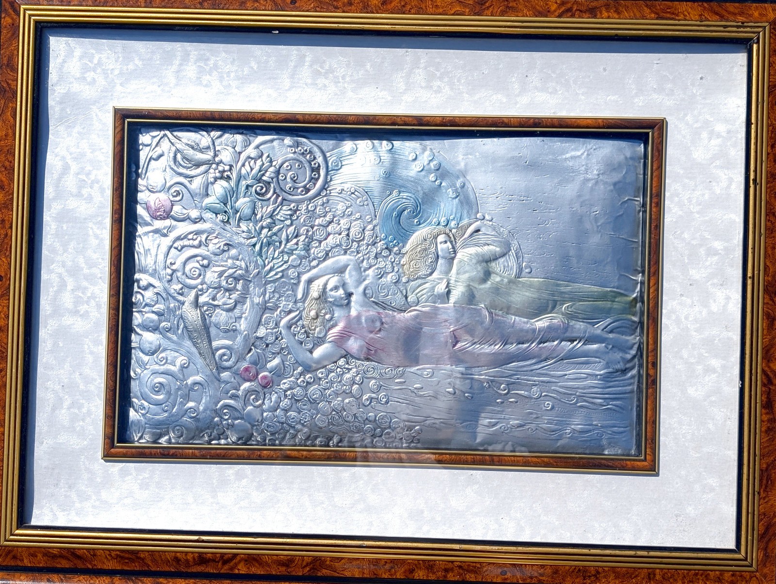 Large Vtg Art Nouveau Sterling Silver Argento Italy Colored Framed Art Plaque