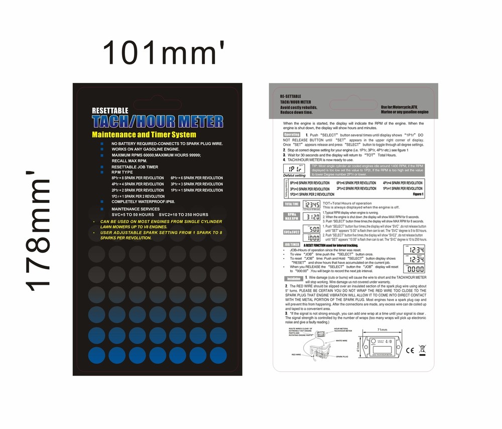 Small Engine Tachometer Hour Meter: Digital Inductive Waterproof Tiny Tach Meter