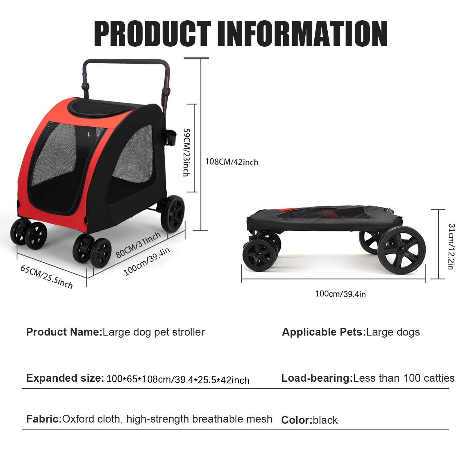 Folding Extra Large Dog Stroller Jogger Pet Pram Waterproof Traval Cart 220 lbs