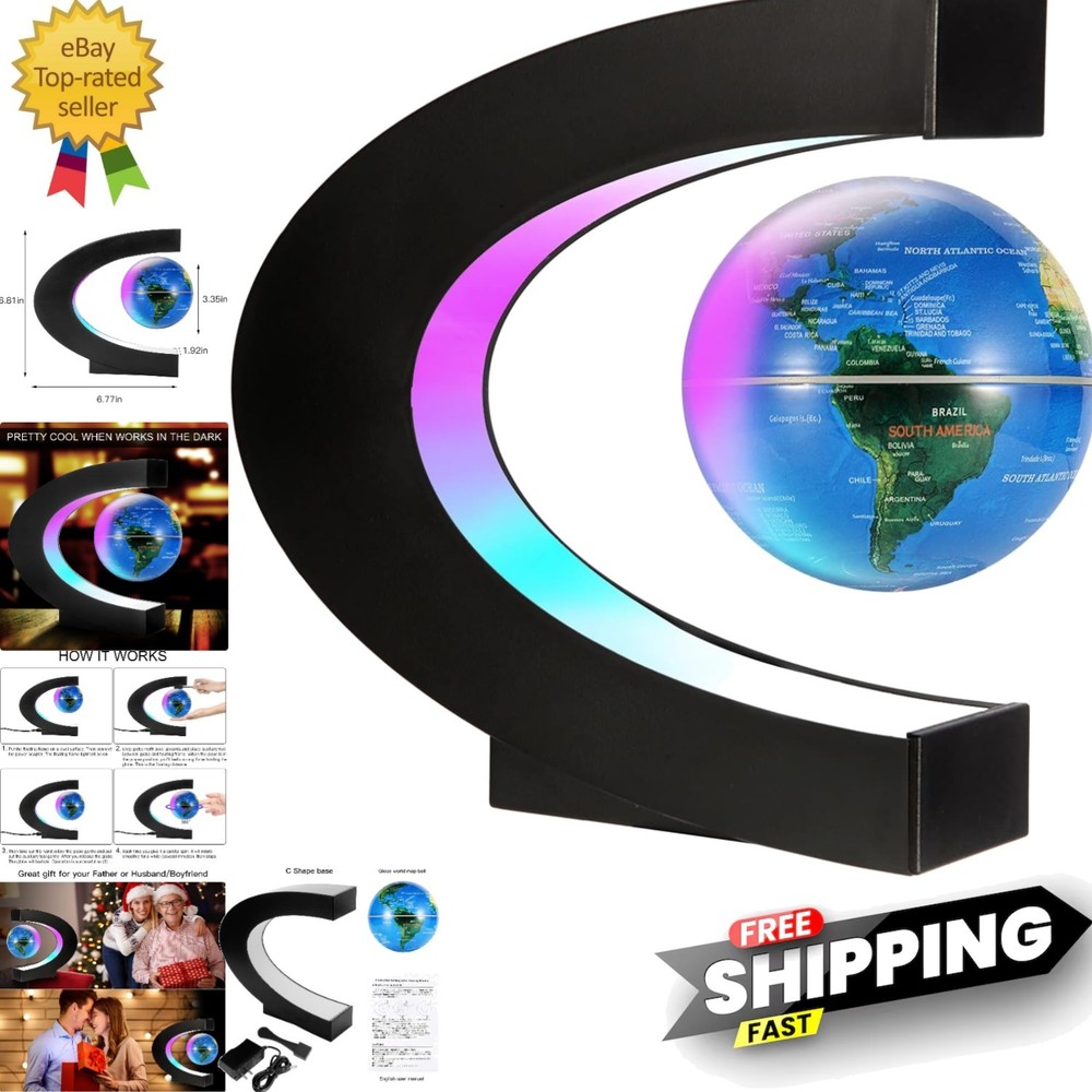 Magnetic Levitating Floating World Map Globe, C Shape Display Frame with LED ...