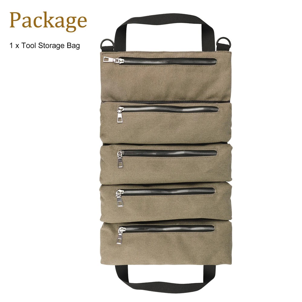 Khaki Car Backrest Canvas Tool Organizer Multi-Purpose Tool Roll Up Bag 5 Pocket