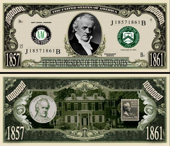 15th President James Buchanan Million Dollar Funny Money Novelty Note + SLEEVE