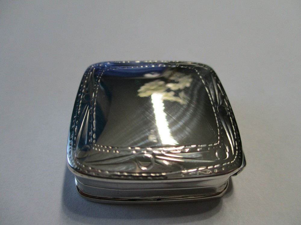 Sterling silver square shape engraved top pill box solid silver hallmarked A
