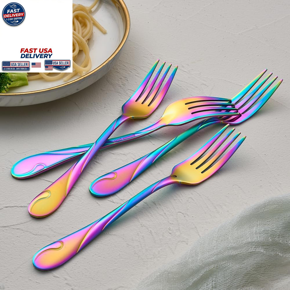 Rainbow Dinner Fork Set 7.8 Inch Stainless Steel Shiny Rainbow Flatware Forks