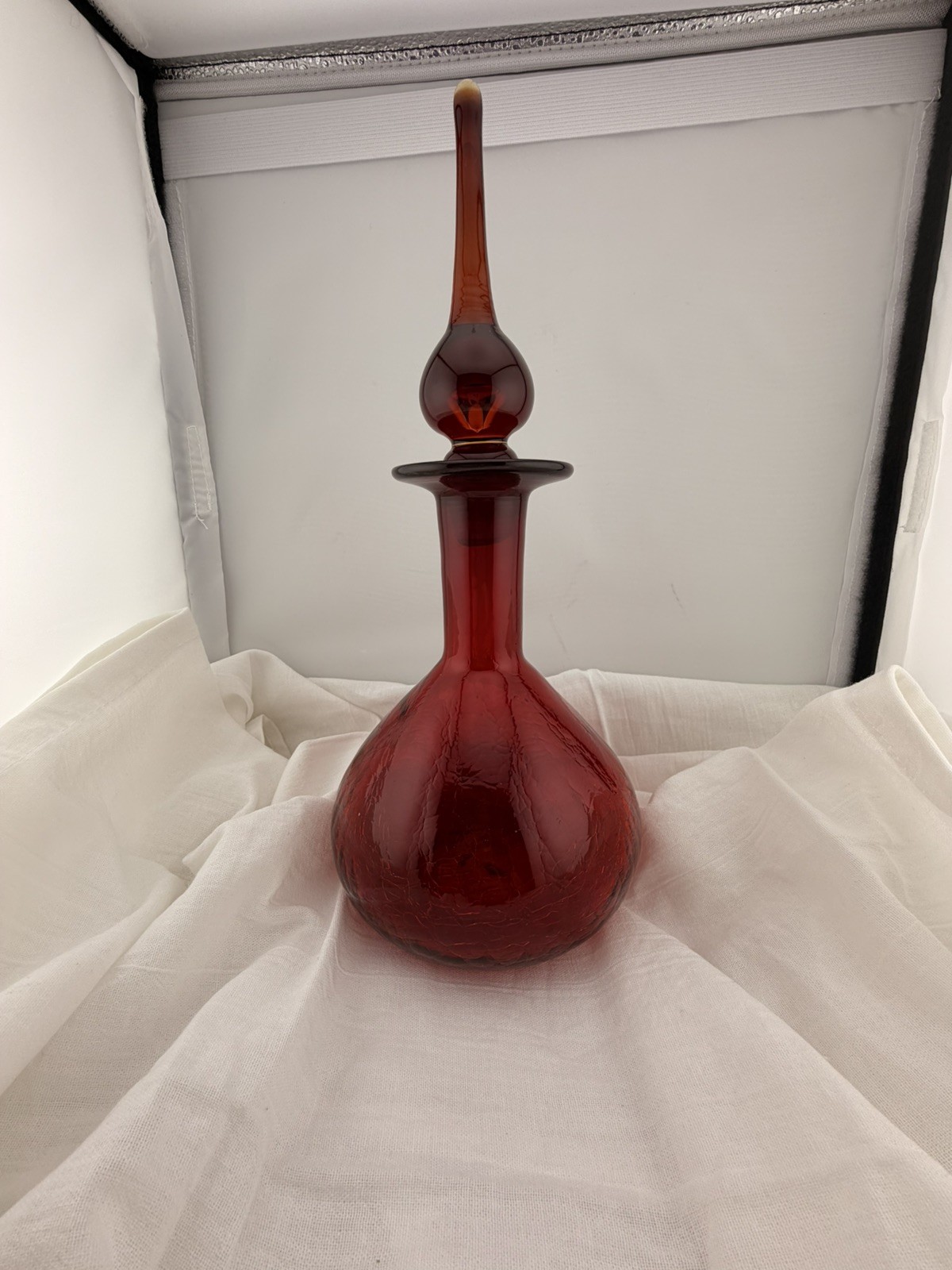 Vintage Blenko Red Glass Decanter Hand Blown Mid Century Modern Art Glass Ruby