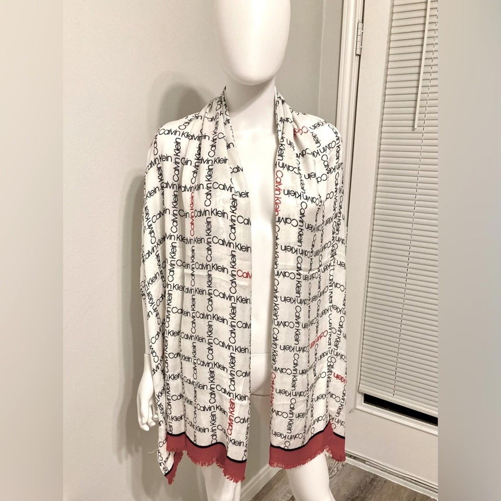 Calvin klein white scarf with monogram and red stripe