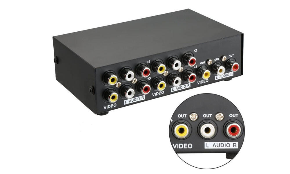 Composite AV Selector Switch – 4 RCA Inputs to 1 Output Video Audio Switch