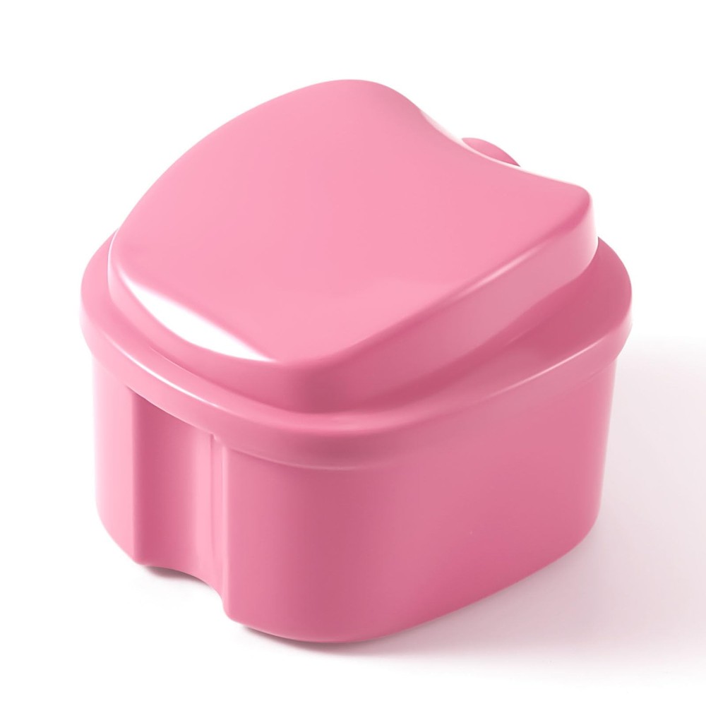 JMU Denture Bath Case, Cup for Soaking Dentures with Small, Pink