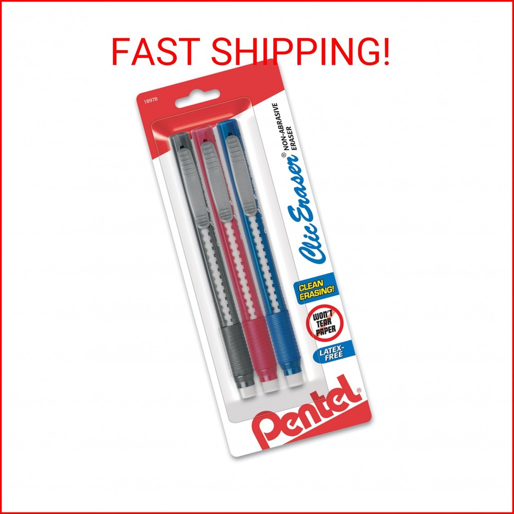 Pentel Clic Retractable Eraser with Grip, 3 Pack