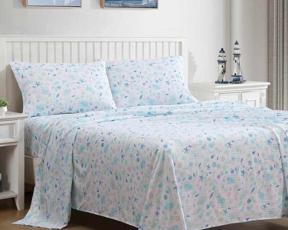 Coastal Print Microfiber Sheet Set, Soft, Comfy, 12" Deep Pockets, Queen, Ham...