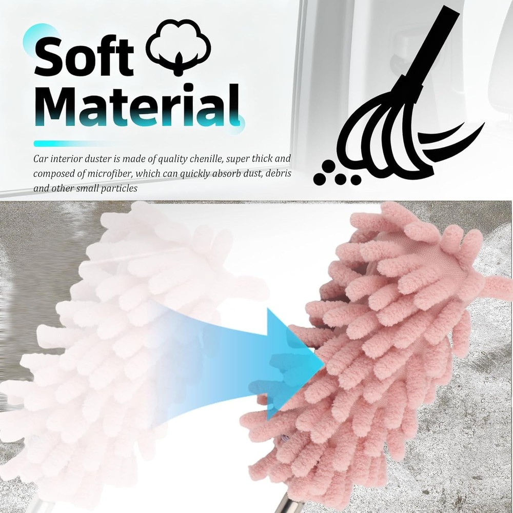 2PCS Car Interior Duster Pink Microfiber with Bendable Head & Retractable Pole