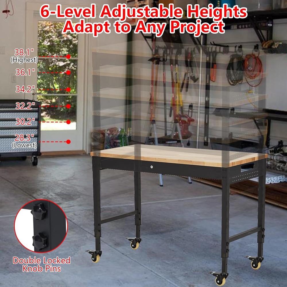 48"x24"Garage Workbench&Wheels&Power Strip Work Table|2000LBS Adjustable Height