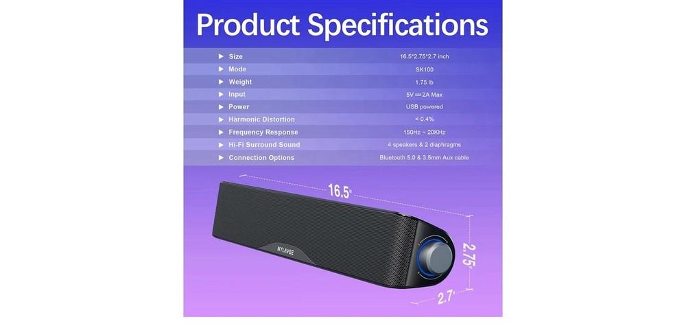 Nylavee Computer Speakers Bluetooth High-Fi Stereo Sound Bar with Bluetooth