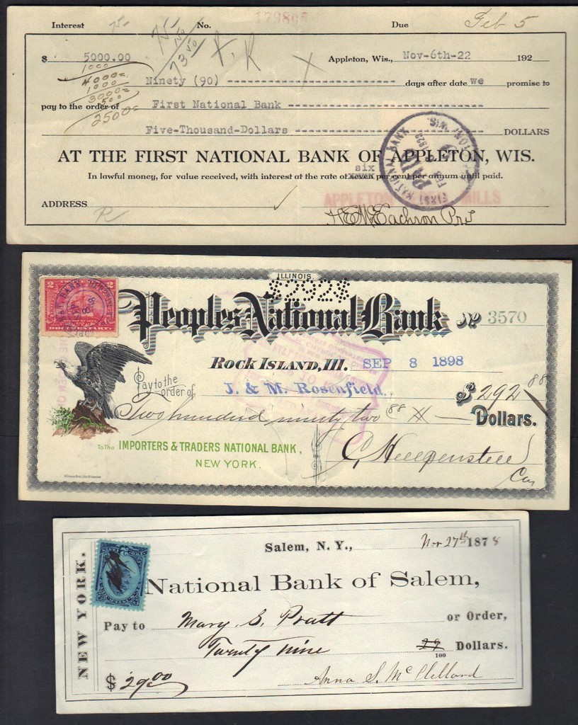 US 1860-80's COLL OF NINE DIFF BANK CHECKS GRANITE BANK BOSTON BANK OF VIRGINIA