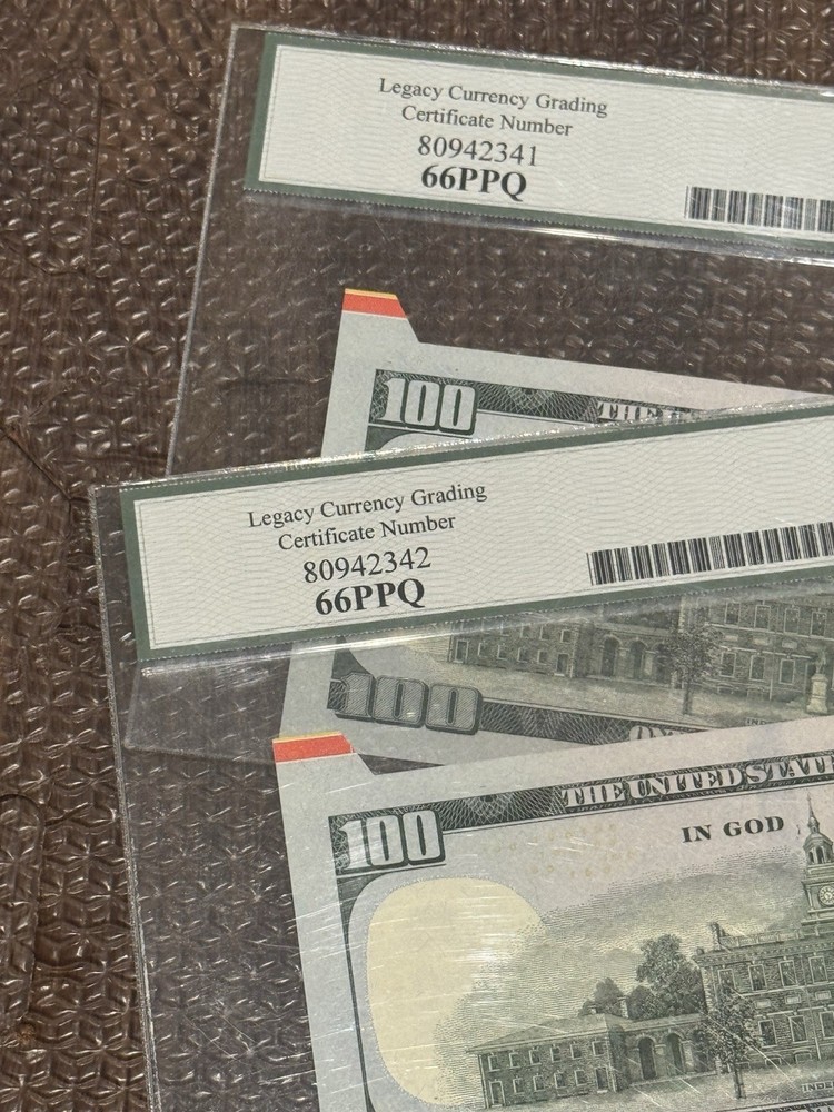 (2) SEQUENTIAL SERIAL NUMBER $100 FRN LEGACY 66 PPQ - CUTTING / FOLDOVER ERROR