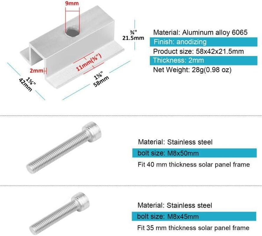 20-Pack Solar Panel Mid Clamps – Aluminum Mounting Brackets