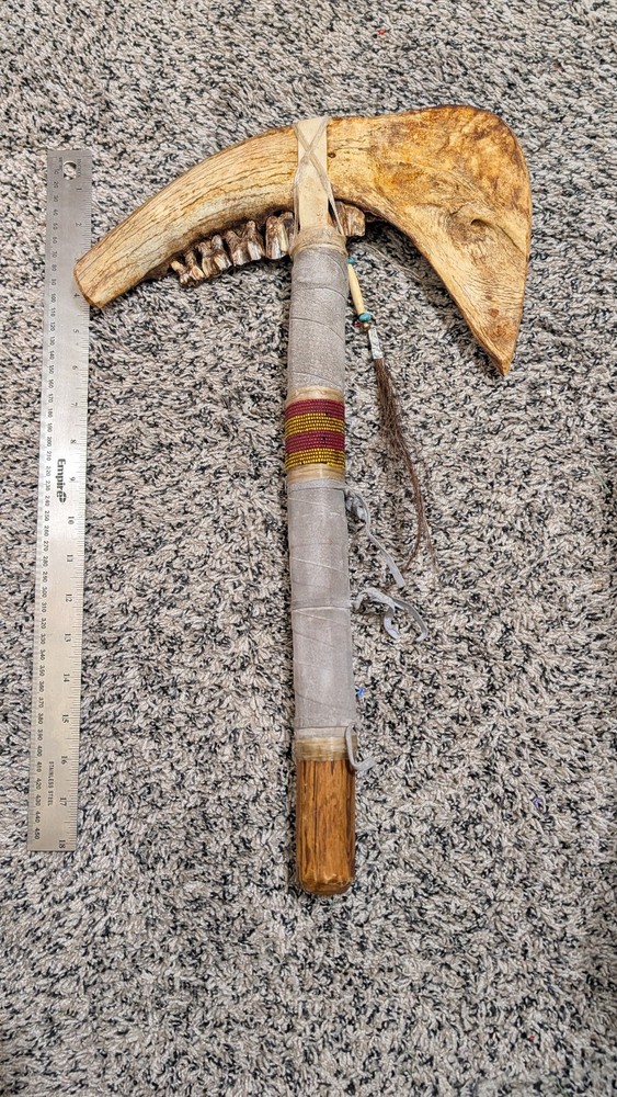 Handmade Decorative Tomahawk – Buffalo Jaw Bone Head, Beadwork & Wrapped Handle