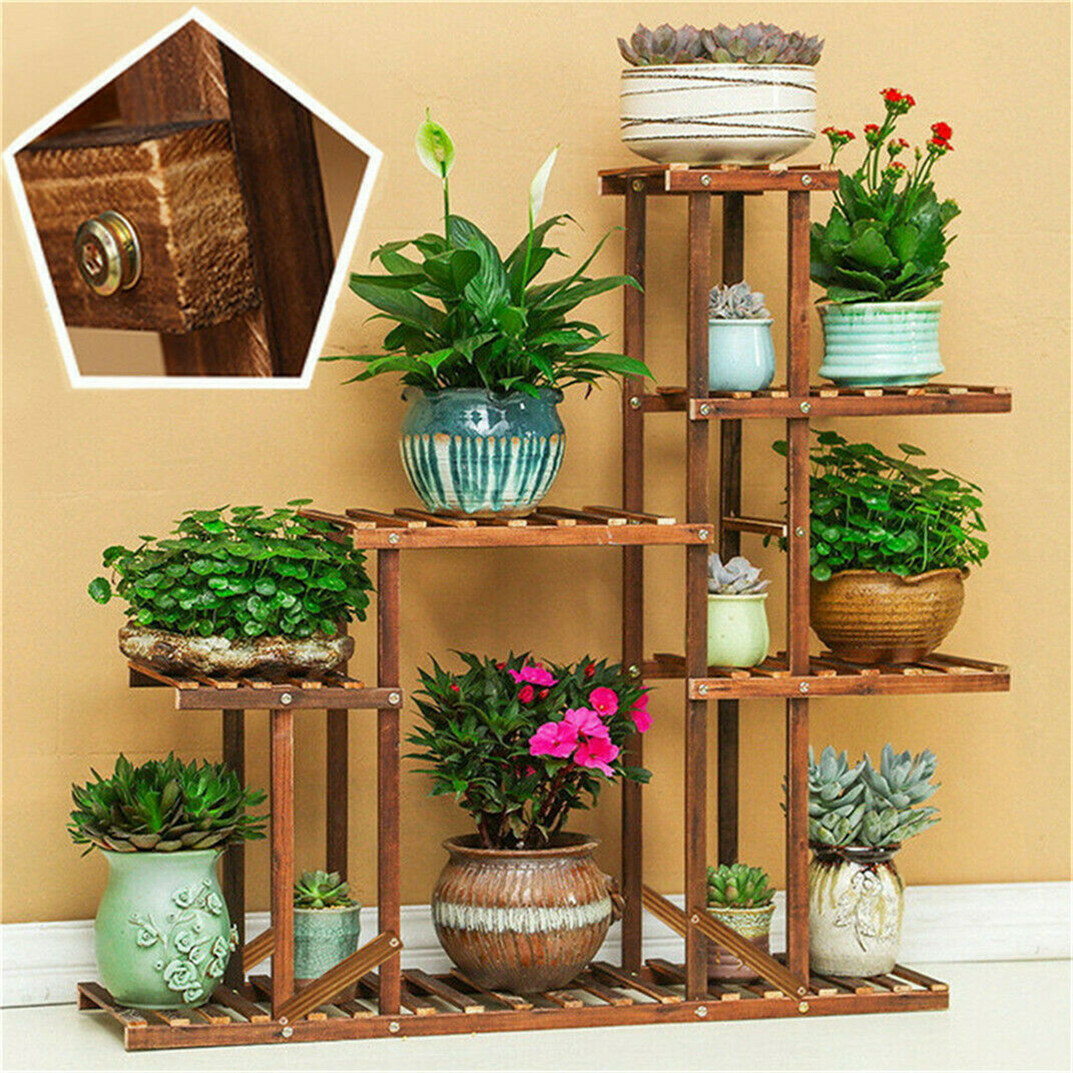 Multi Tier Wood Flower Rack Plant Stand Wood Shelves Bonsai Display Shelf Indoor