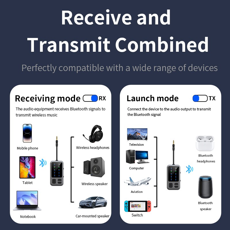 APTX Audio Adapter Bluetooth 5.4 Receiver Transmitter 3.5mm Aux Dual Connection
