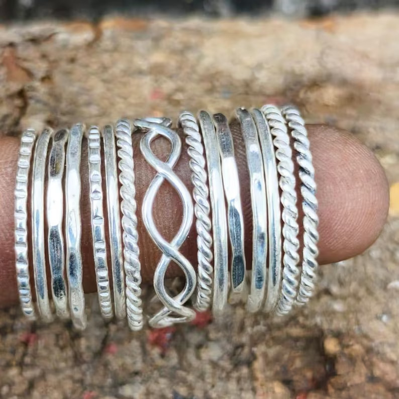 Set of 15 Silver Ring Set | Stackable Sterling Silver Rings | Boho Mini All Size