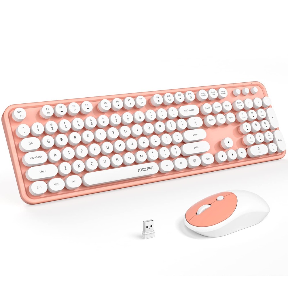 Wireless Keyboard Mouse Combo Full Size 2.4G Typewriter Retro Light Orange
