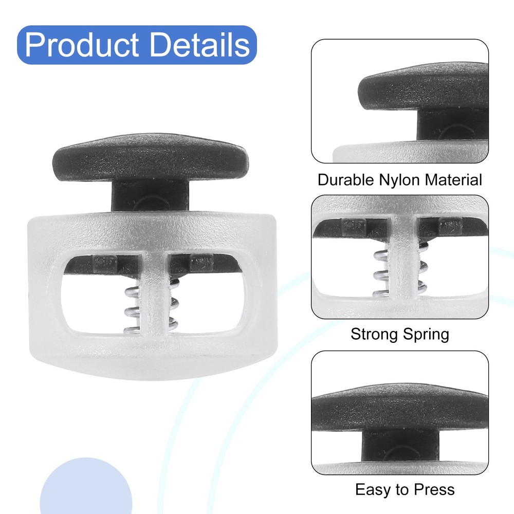 25Pcs Plastic Spring Cord Lock Double Hole Round Stopper Transparent Black