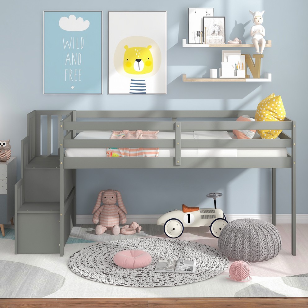 Loft Bed with Staircase Gray Twin Bed Frames