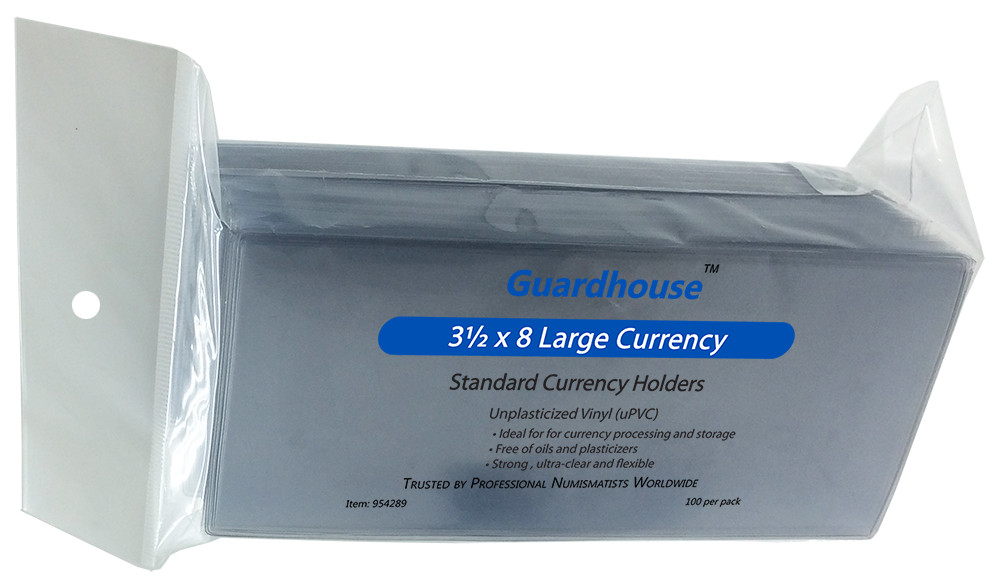 5 - GUARDHOUSE LARGE CURRENCY HOLDERS - 3 3/8 x 8 - UNPLASTICIZED 7 mil SLEEVES