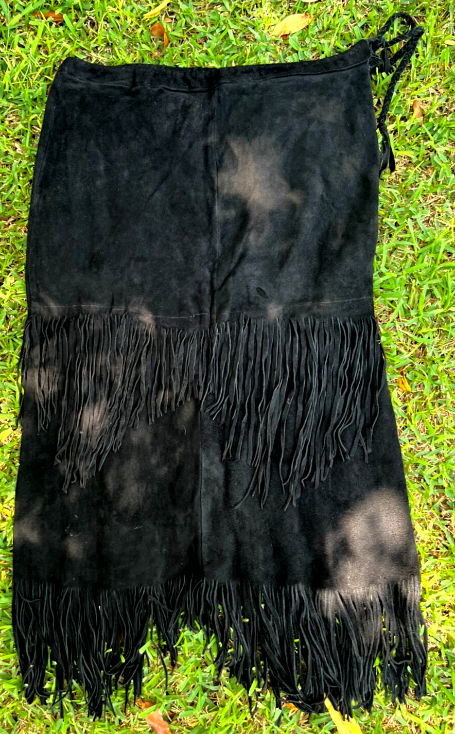 Native American Indian Black Suede Fringe Shawl & Skirt Leather 1970s Vintage!
