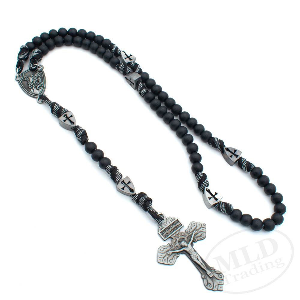 Saint St Michael Black Rosary Necklace – Large Paracord Wood Beads Design 26"