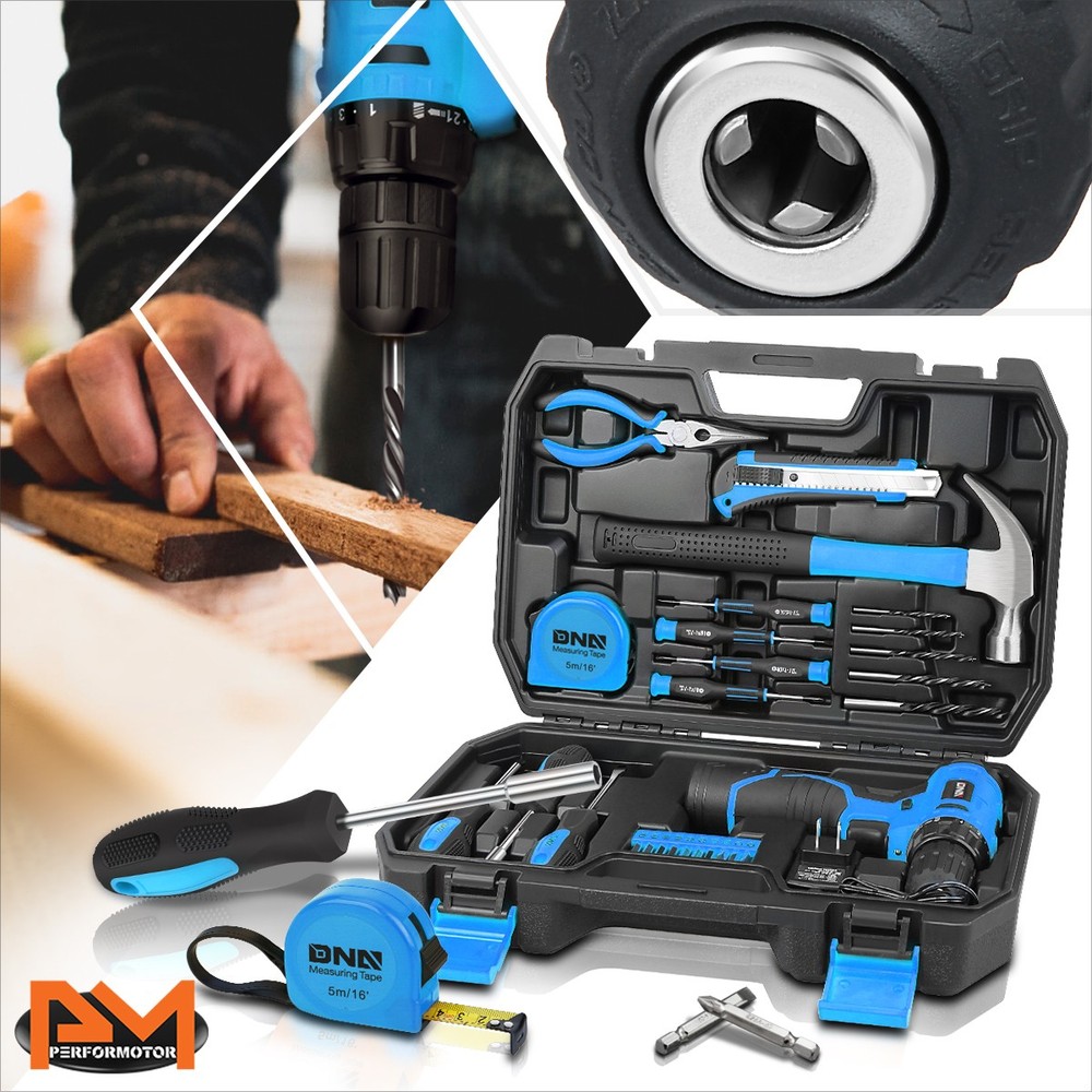 [Cordless Drill+BitsHammerTapelineScrewdriver] 27Pcs Household Toolbox Blue