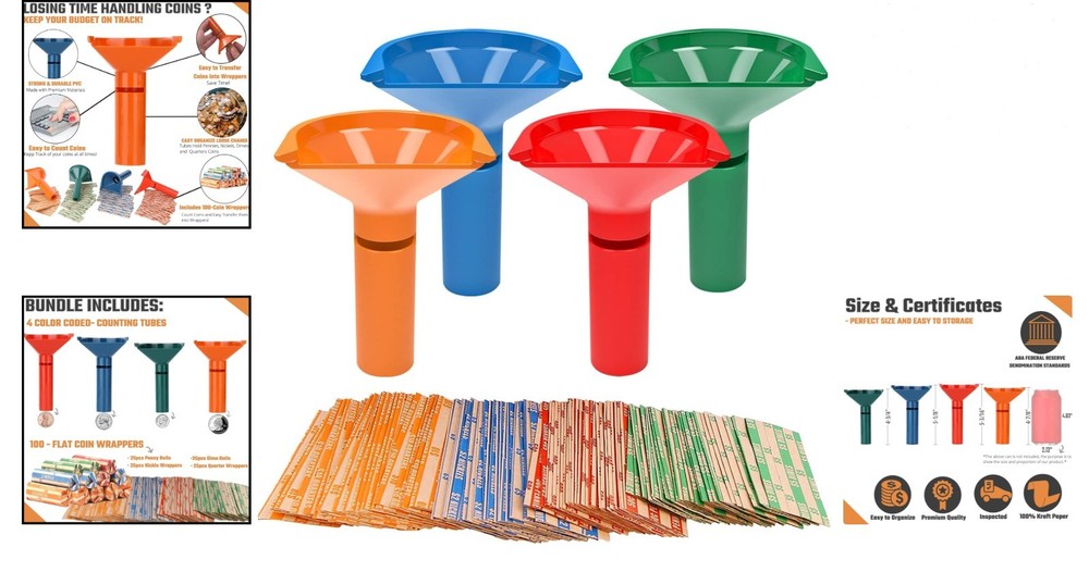 Complete Coin Counters Collection: 4 Color-Coded Tubes with Assorted Wrappers