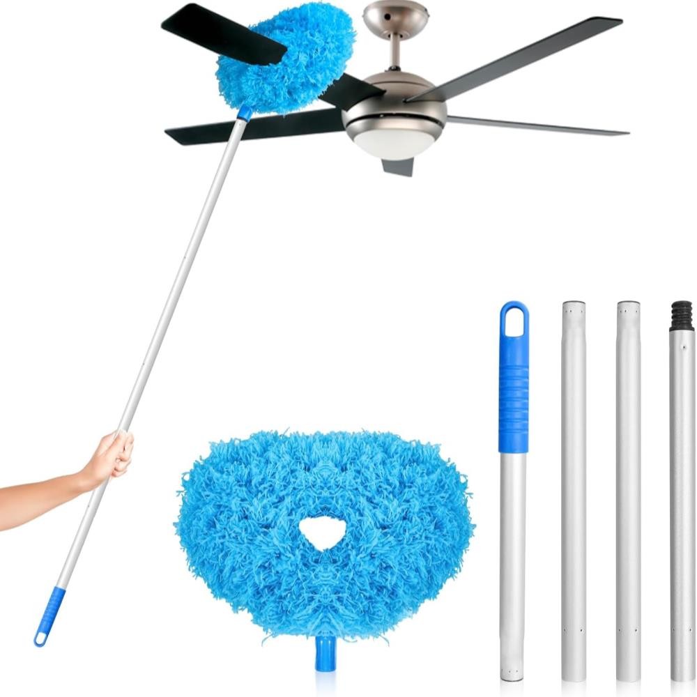 Round Head Microfiber Duster for High Reach Ceiling Fan Cleaning Blue Polyester