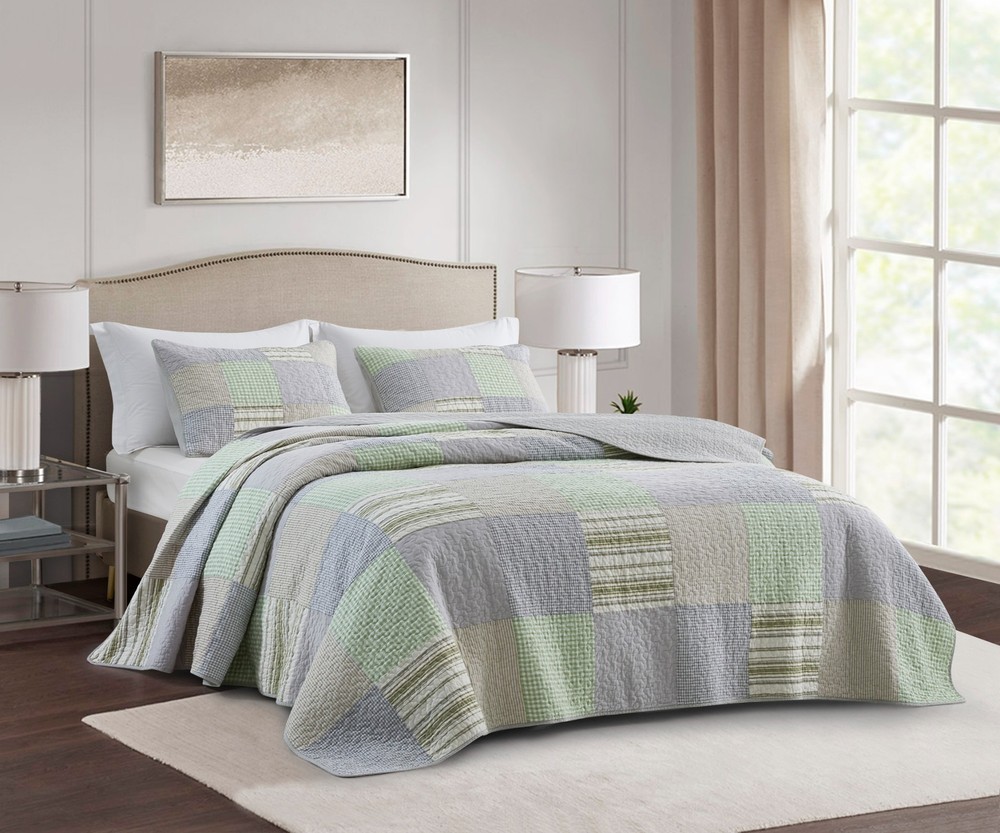 Green Boho Chic Coverlet Set Plaid Striped Pre-Washed Cotton Patchwork Quilt Set
