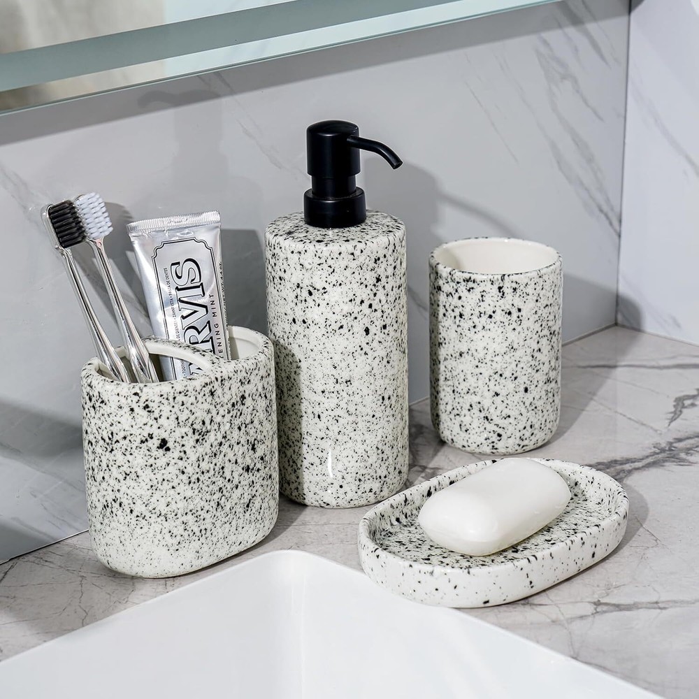 Bathroom Accessories Set 4 Pcs - Featuring Unique Ink-Splattered Design White