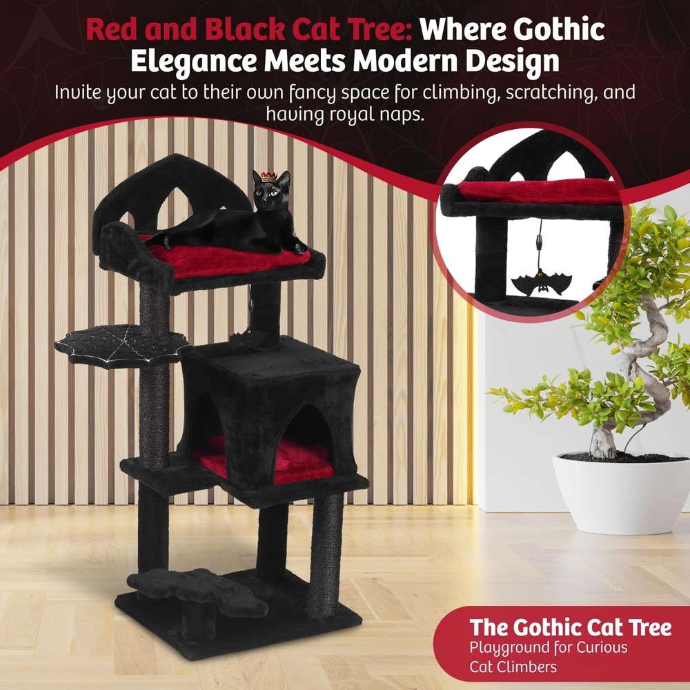 Gothic Cat Tree - 40inch Black Cat Tree with Regal Throne Bed, Spacious Cat c...