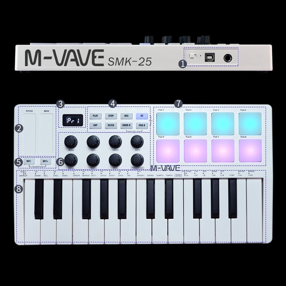 For M VAVE MIDI 25 Key USB MIDI Keyboard Controller With 8 Backlit Drum Pads 8
