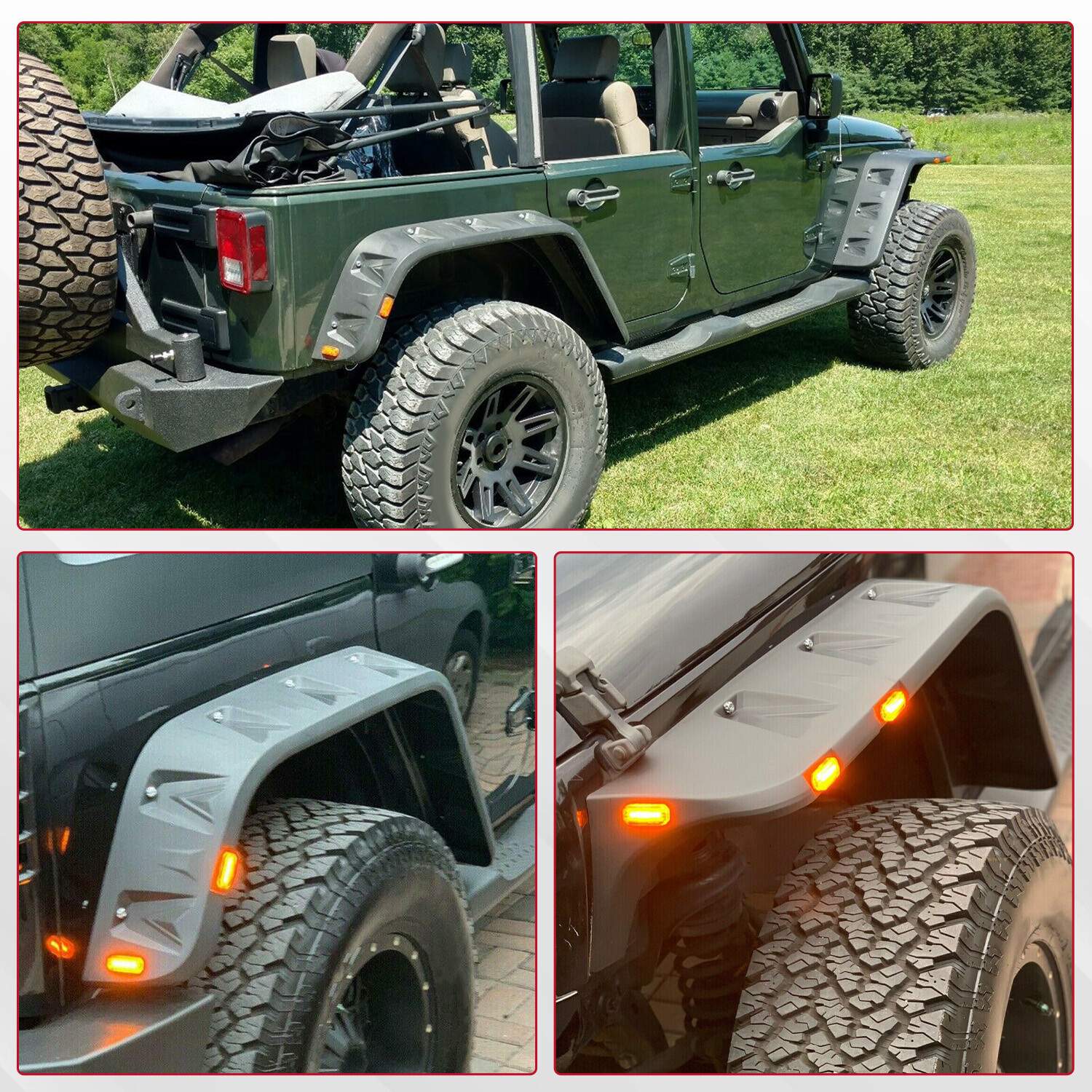 For 07-18 Jeep Wrangler JK Pocket Rivet Style Smooth Fender Flares w/LED 4PCS