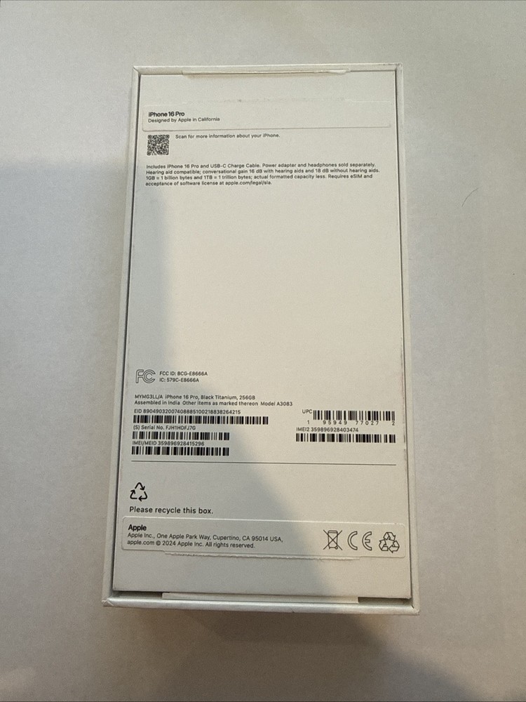 Original Apple Empty Box With Manual For iPhone 16 Pro Black Titanium