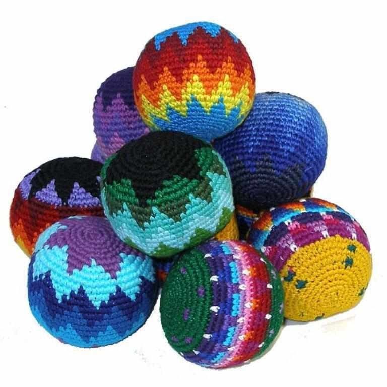 crochet hacky sacks made with different brand yarns
