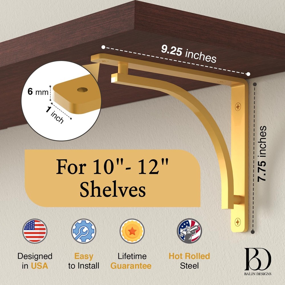 Balin Designs 10" Brass Shelf Brackets Set 4
