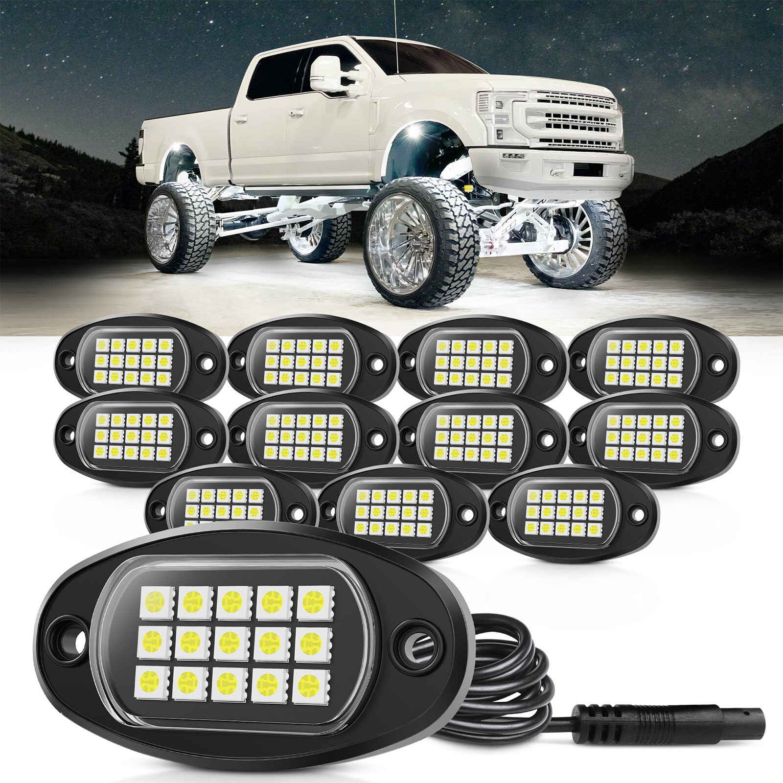12 PCS Pure White LED Rock Lights, Waterproof Underglow Underbody Lighting Kit
