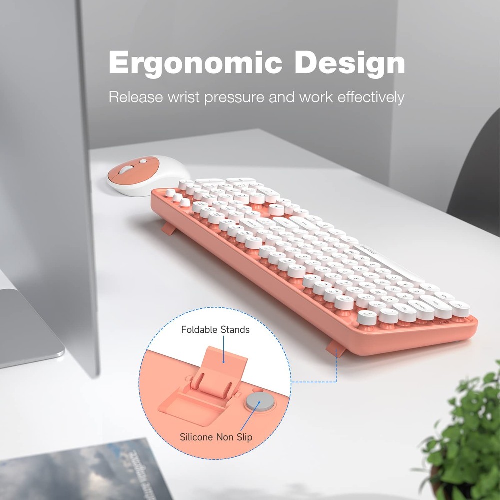 Wireless Keyboard Mouse Combo Full Size 2.4G Typewriter Retro Light Orange