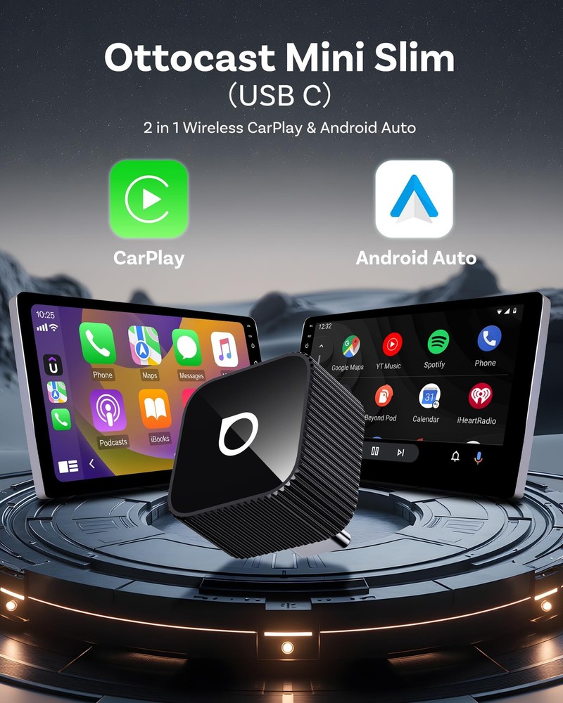Ottocast Mini Cube 3.0 USB C Wireless CarPlay Adapter, Android Auto Black