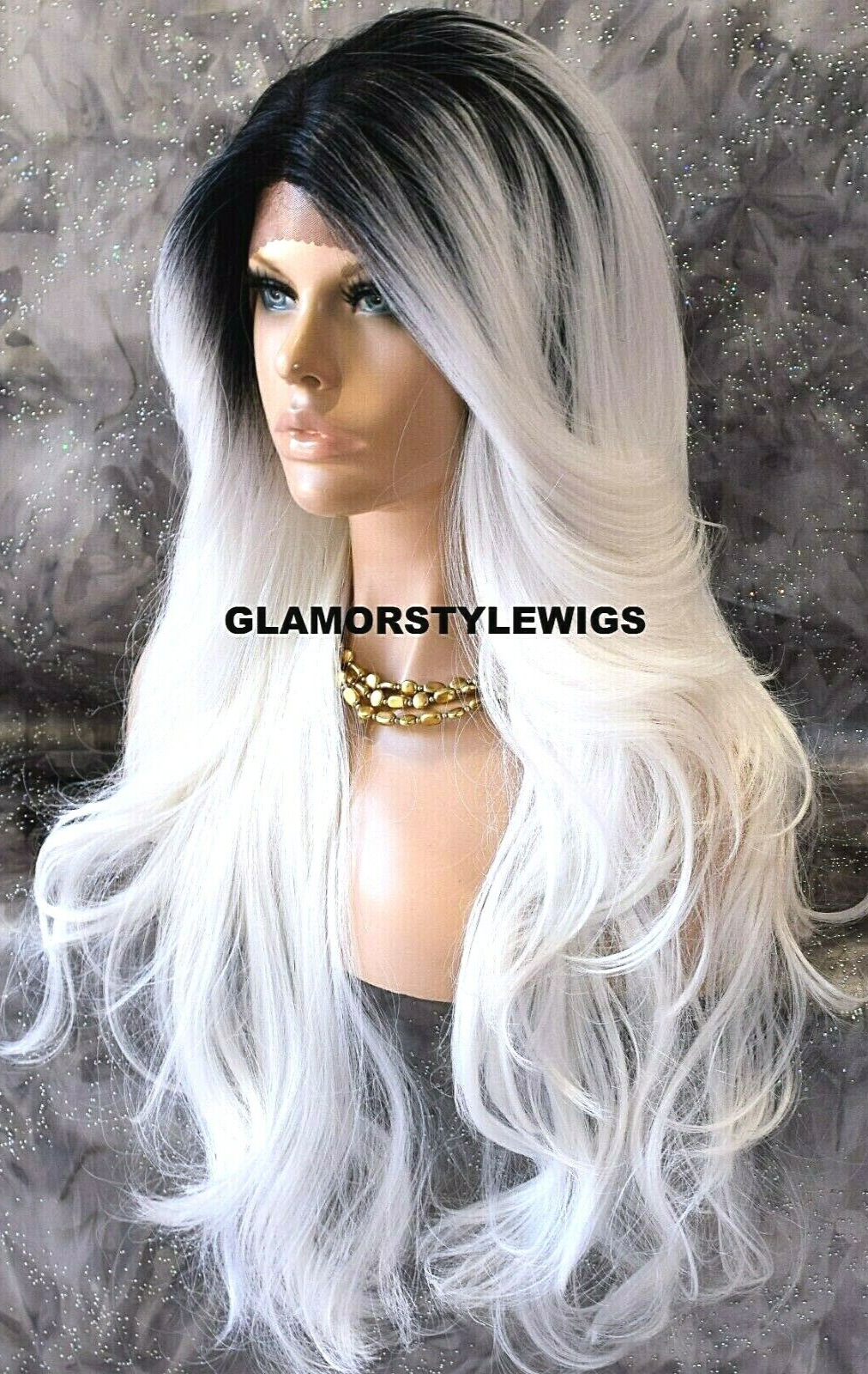LACE FRONT FULL WIG LONG WAVY LAYERED OMBRE OFF BLACK WHITE MIX HEAT OK NWT