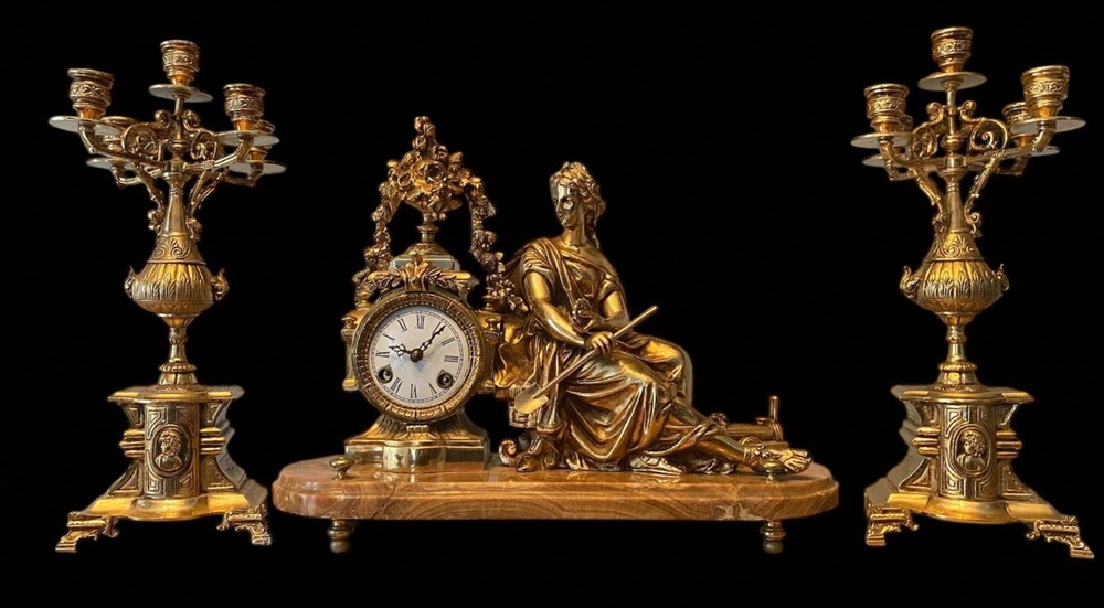 Empire Triptych Gilded Bronze Marble Base Clock and Candlesticks