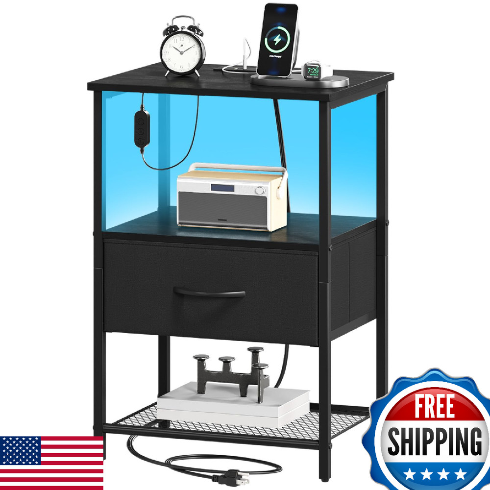 Somdot Nightstand w/Charging Station & LED; Bedside Table