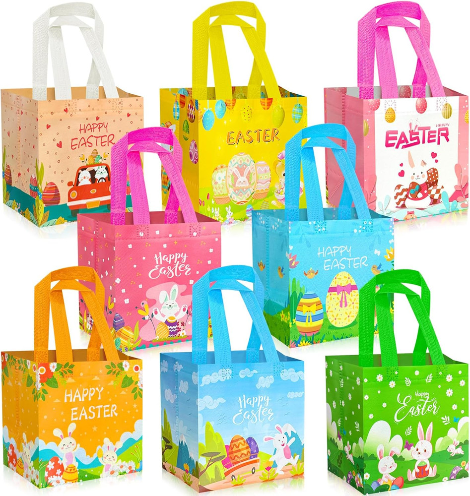 8 PCS Easter Gift Bags, Easter Baskets with Handle, Reusable Easter Treat Bags,